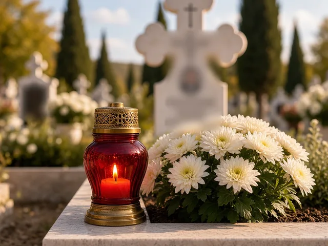 Imagine de atmosferă: o candelă roșie aprinsă, o lumânare și crizanteme albe și galbene pe un mormânt, cu o cruce ortodoxă de granit în fundal